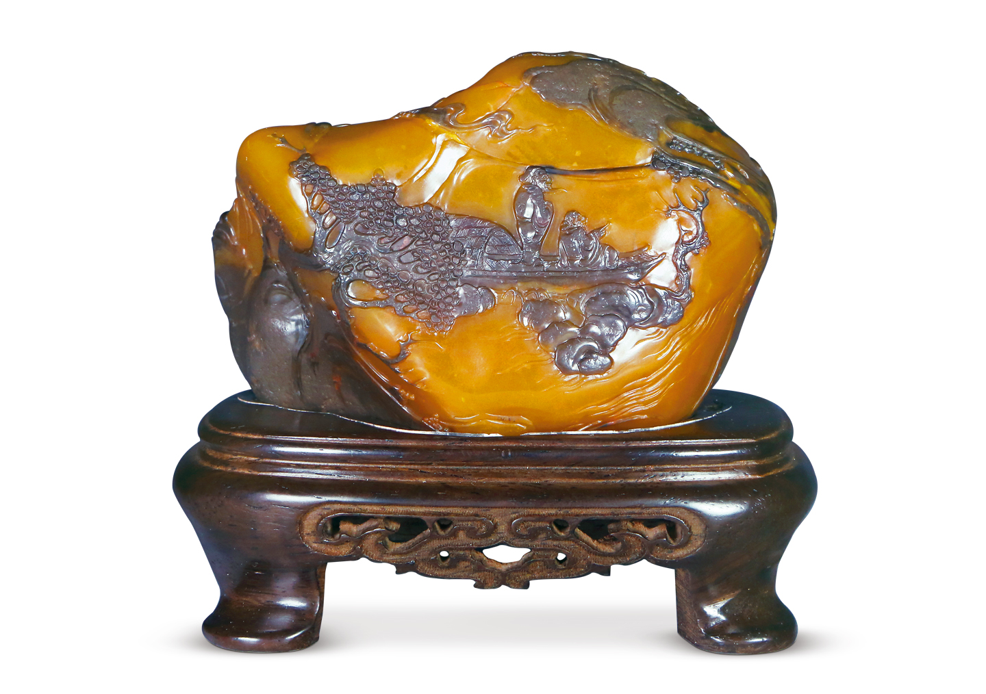 说明: Lot 3052 清 乌鸦皮田黄“夜游赤壁图”摆件